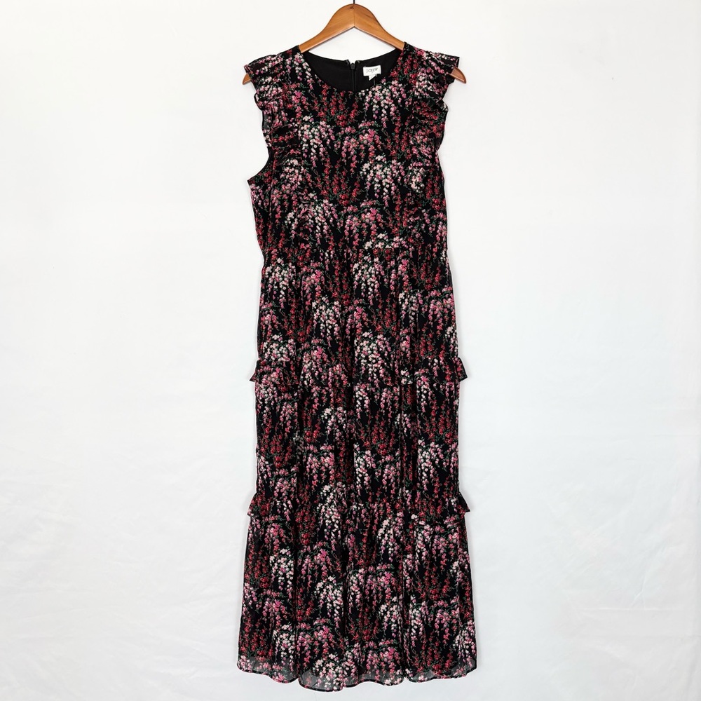 New J Crew Floral Ruffle Midi Dress Sleeveless Black Pink Size‎ 12